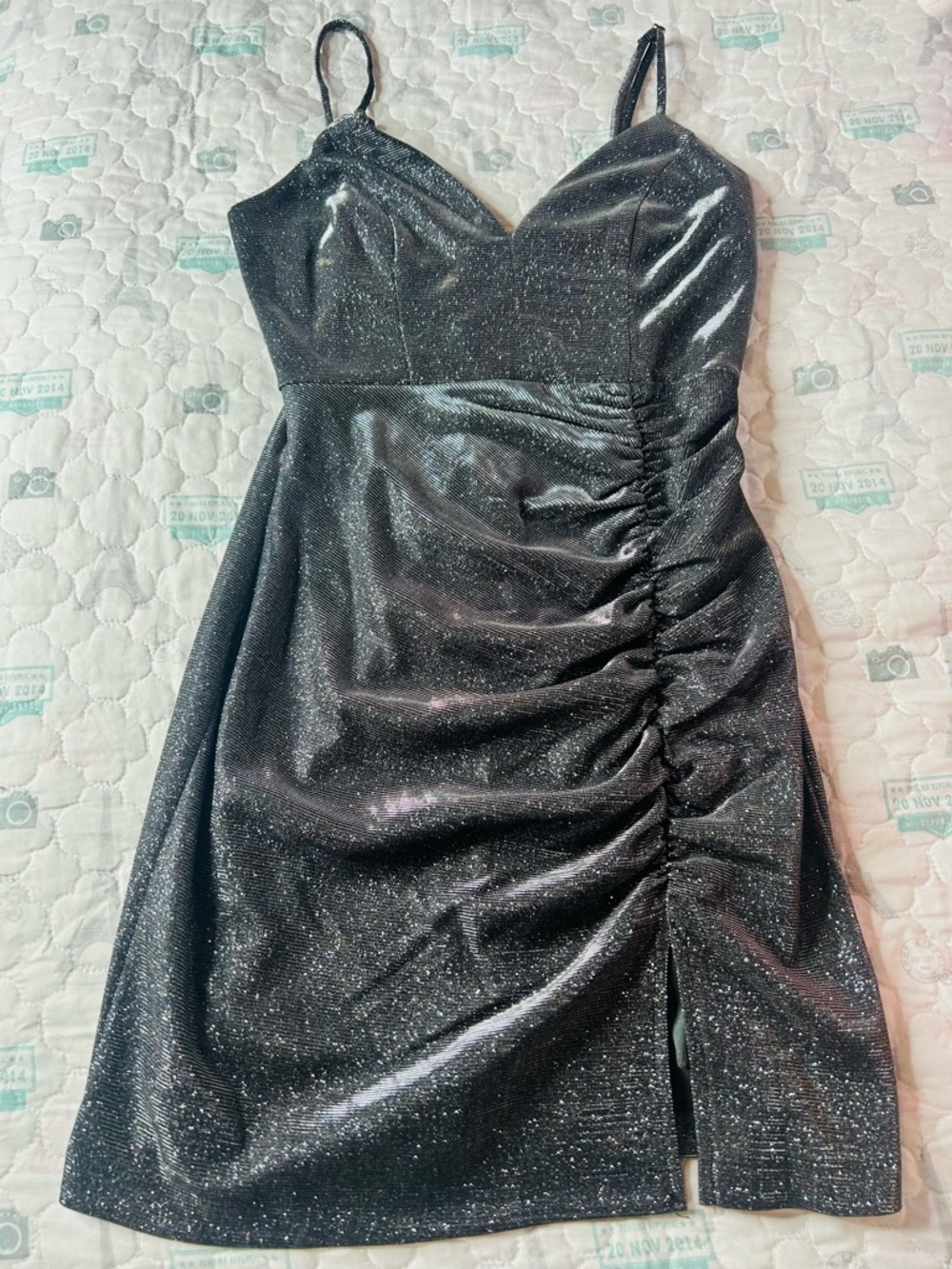 Honey and Rosie Black Sparkle Ruched Mini Dress